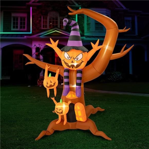 8ft Height Halloween Inflatable Tree with Pumpkin Ghost Elf and Tomb LED Light